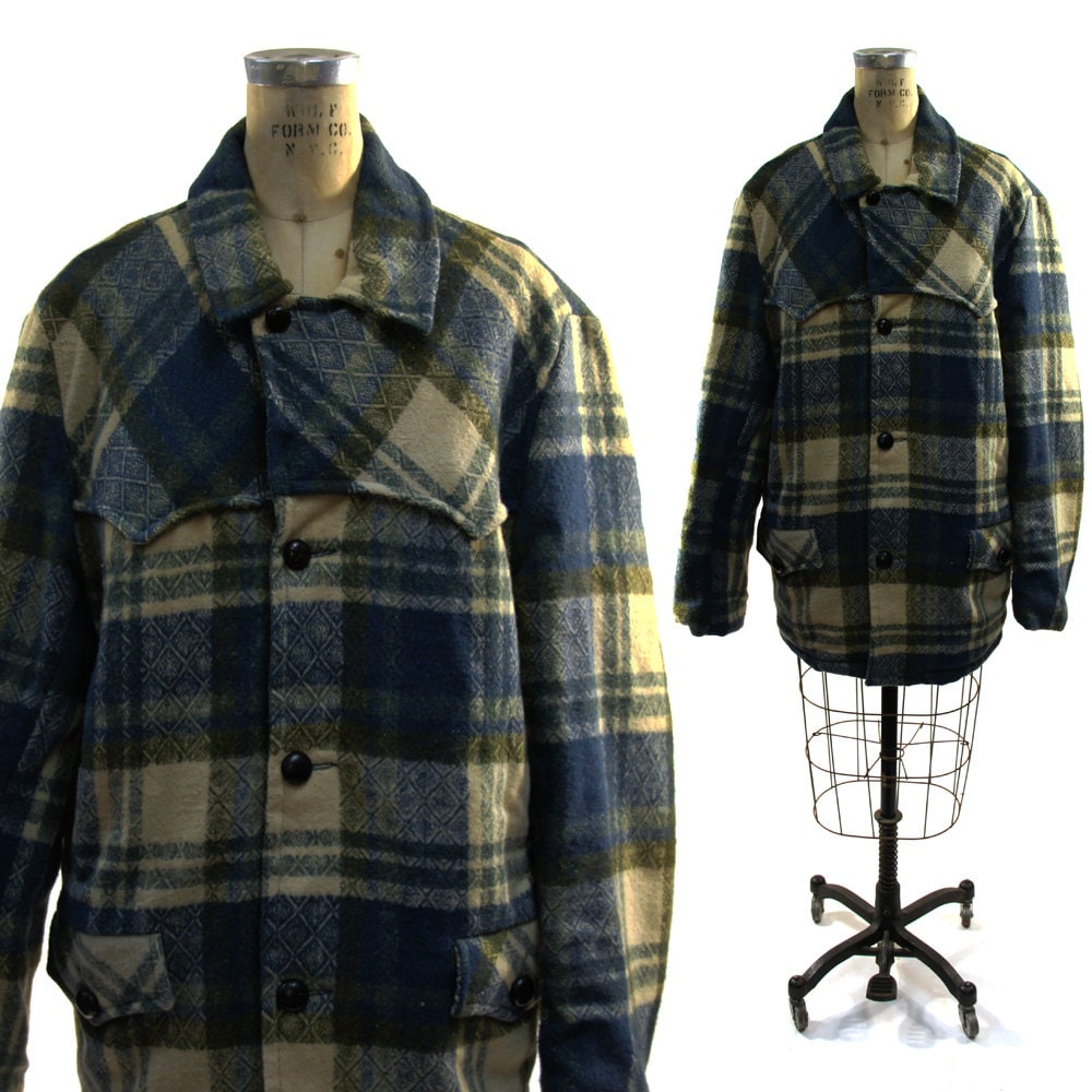 70s Ranch Coat / Plaid Wool Flannel Cowboy Jacket by SpunkVintage