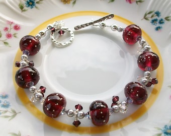 Swarovski Crystal, Pearl, and Lampwork Beaded Bracelet handmade srajd trend birthday OOAK