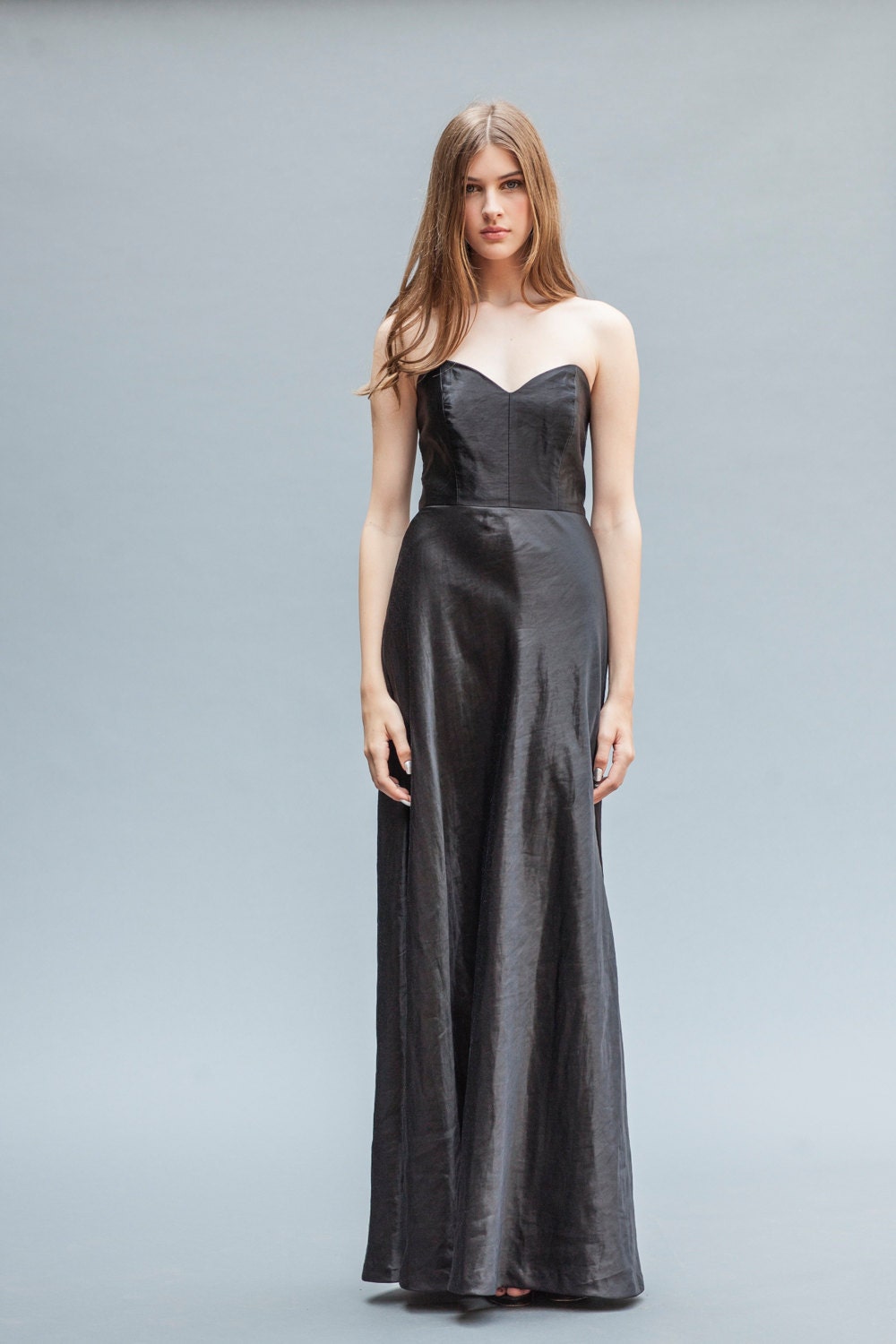 Black Silk Floor Length Gown Black Gown Strapless by ElikaInLove