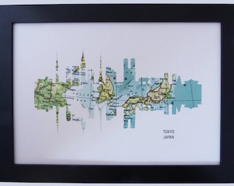 Tokyo, Japan Skyline print with vintage city map