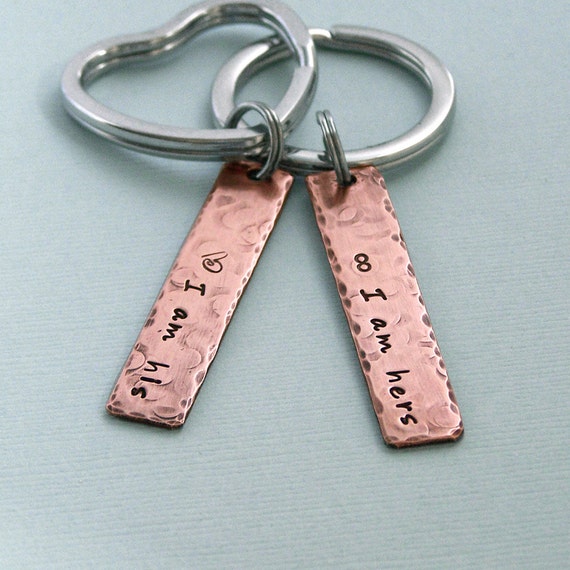 His and Hers Wedding Vow Key Ring Hand Stamped Copper