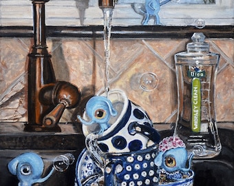 Boleslawiec Polish Pottery mug, kitchen art print, still life art, nursery wall art, kitchen print, pop surrealism, still life painting