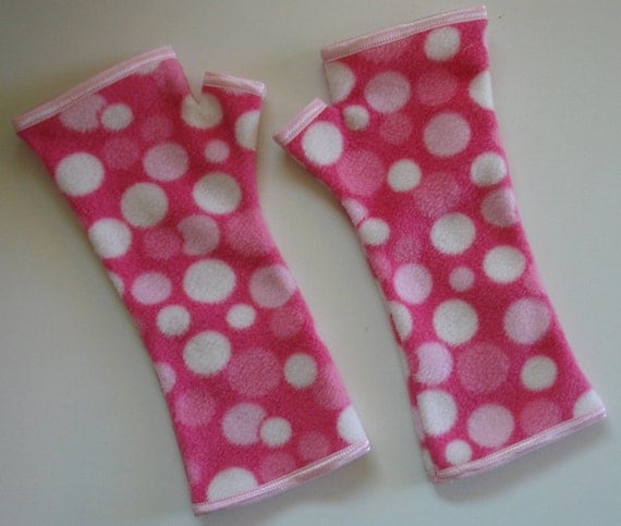 Pink Polka Dotted Fleece Fingerless Gloves, Texting Gloves, Pink Trim, Wrist Warmers, Arms Warmers