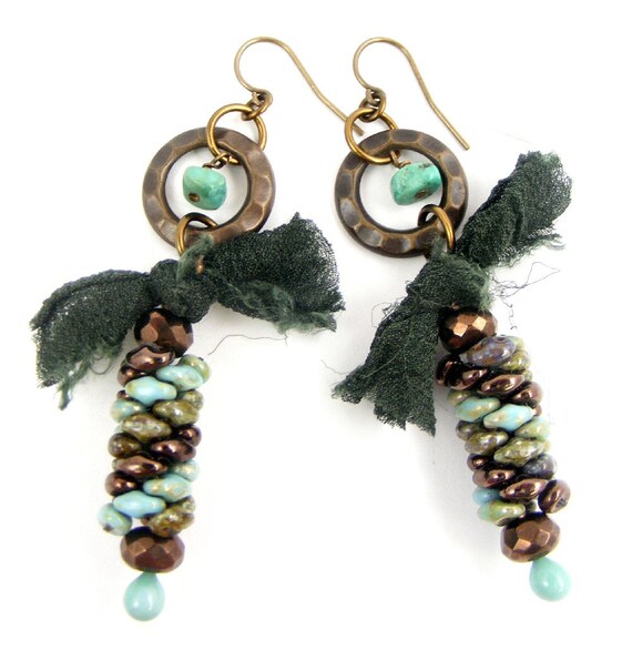 Bronze and Green Earrings Turquoise Earrings Handwoven