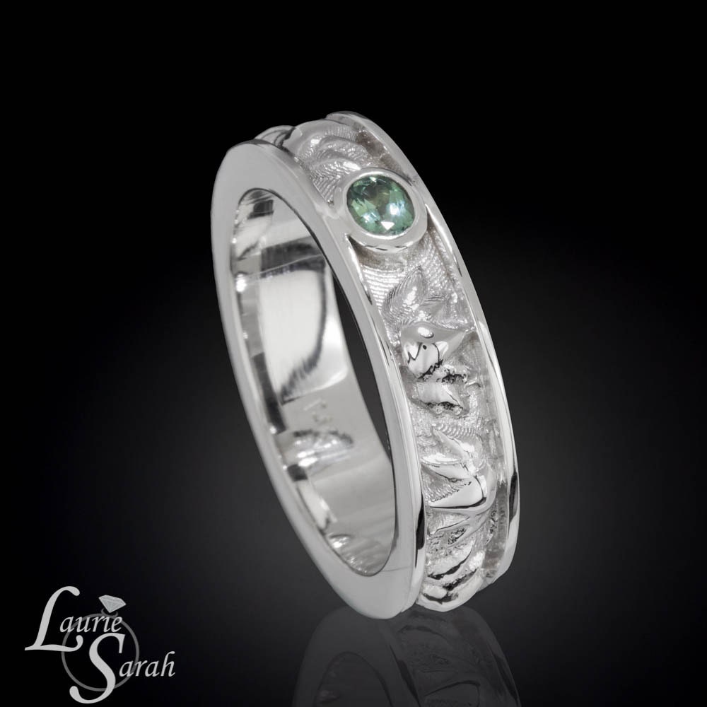 Alexandrite Ring White Gold Men's Wedding Band Lotus