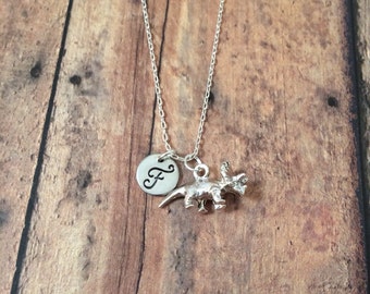 Triceratops initial necklace - dinosaur necklace, triceratops jewelry, dinosaur jewelry, paleontology jewelry, silver triceratops necklace