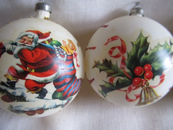 Vintage 1940's Set Of 6 Christmas Ornaments With Decal And