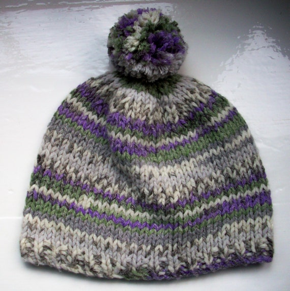 Pompom hat beanie unisex hand knitted fair isle by SpinningStreak