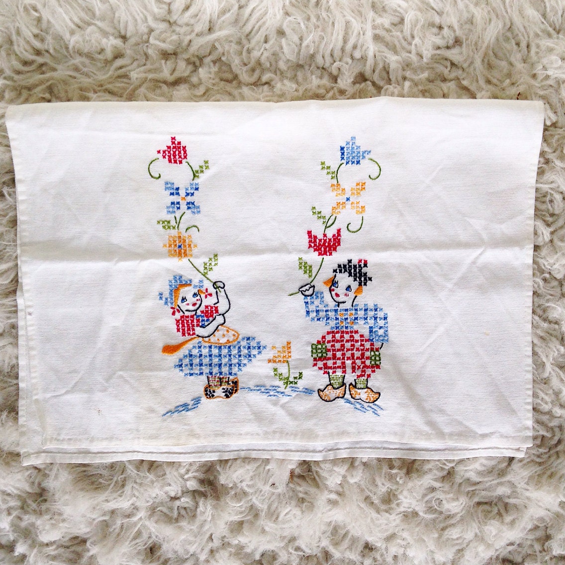 Flour sack cross stitch dish towel
