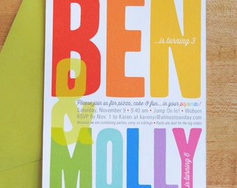 Joint birthday invitation with bold, modern typography, DIGITAL FILE