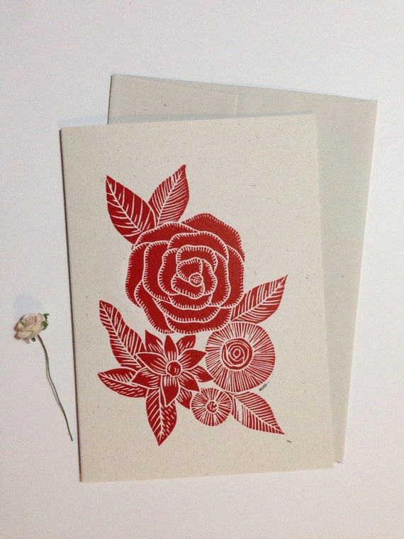 Flowers. Linocut card. Stationary. by Toshisworld on Etsy