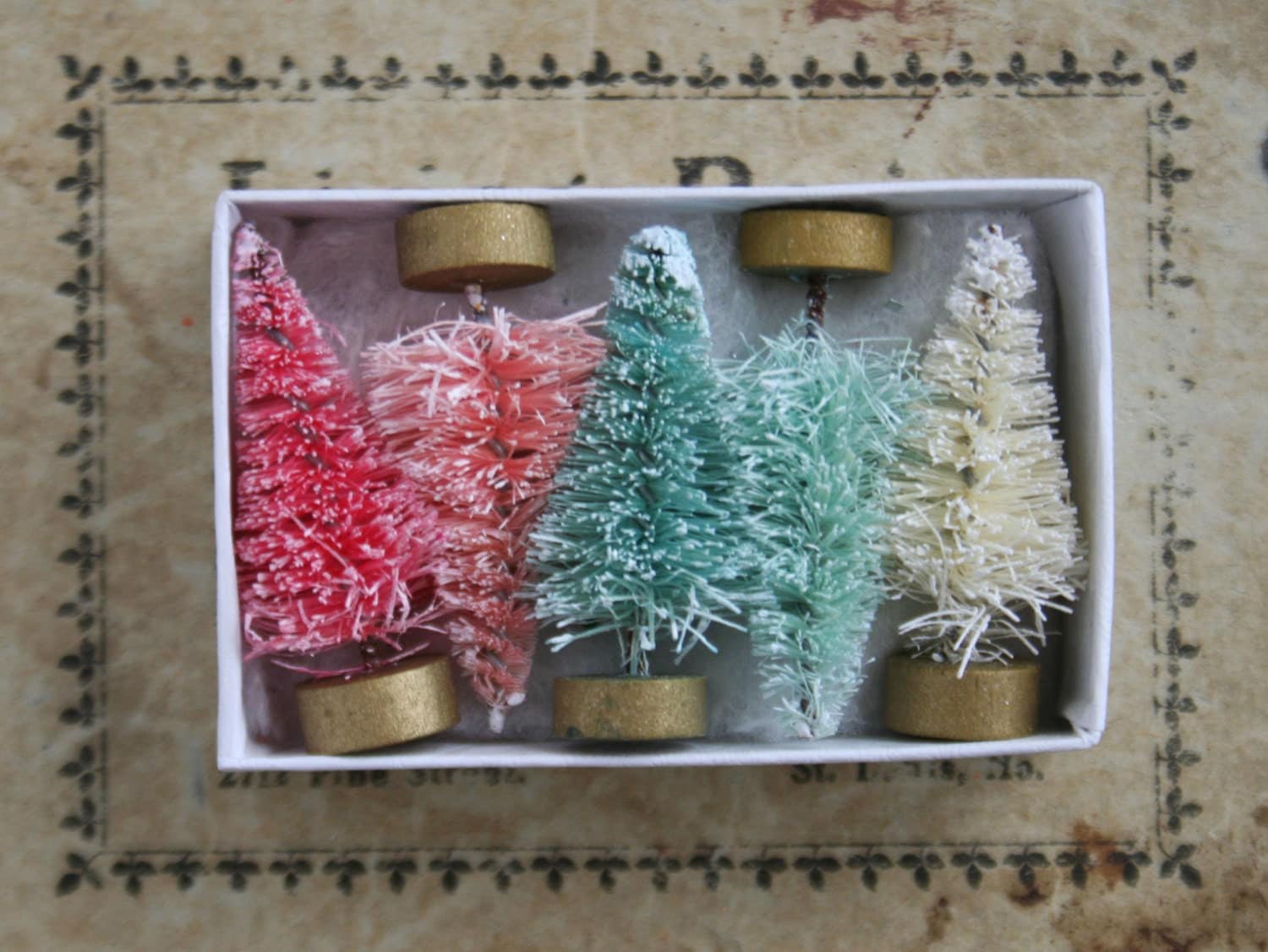Mini Pastel Bottle Brush Tree Decorations - Pastel Pink and Aqua Miniature 1 1/2 Inch Trees - Tiny Holiday Bottle Brush Tree Gift Box