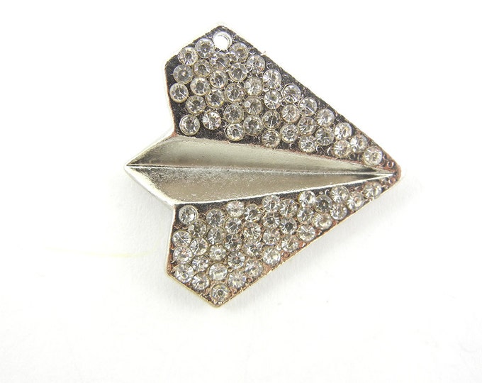 Silver-tone Paper Plane Charm Pendant Rhinestone Encrusted