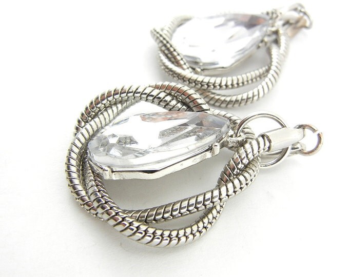 Pair of Faceted Acrylic Clear Teardrop Charms with Silver-tone Snake Chain Braiding