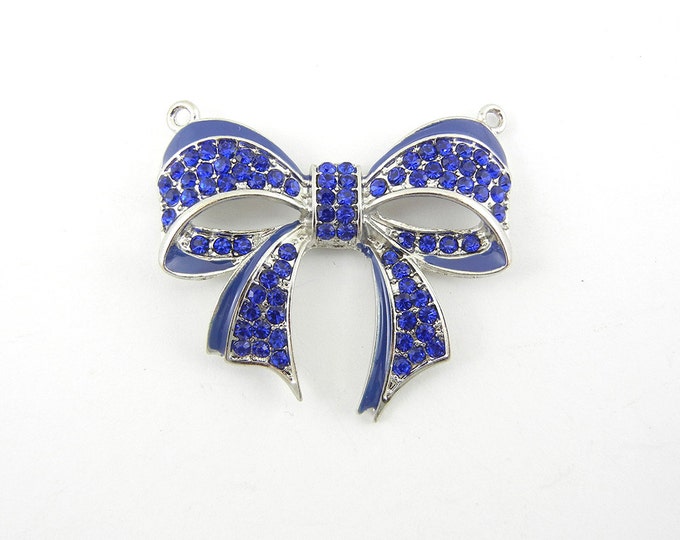 Sapphire Blue Rhinestone Ribbon Bow Pendant Double Links Silver-tone