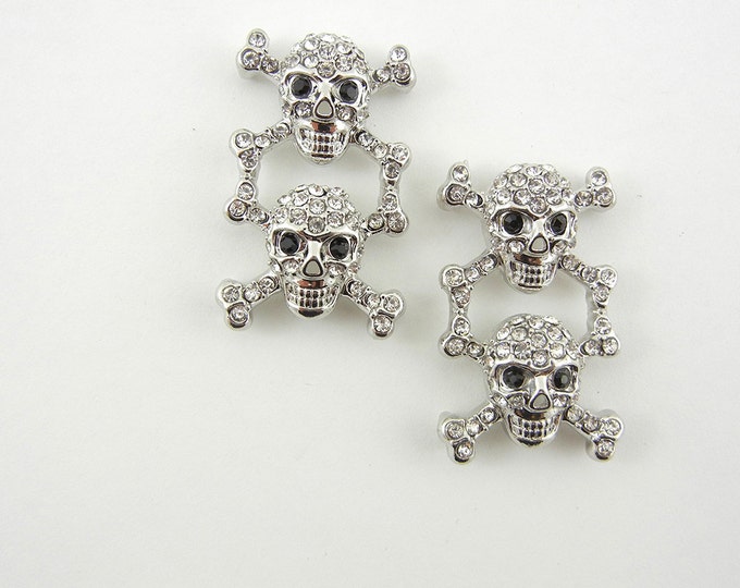 Pair of Rhinestone Encrusted Silver-tone Skull and Crossbone Slide Charms