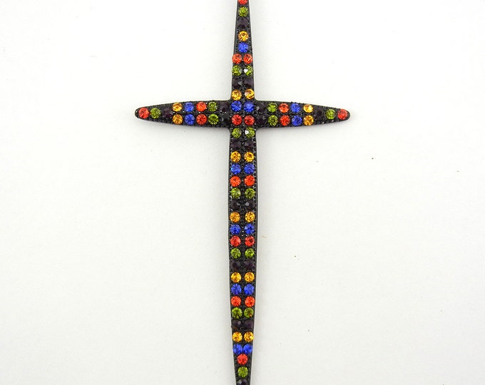 Large Black Painted Contemporary Cross Pendant Multi Colored Rhinestones