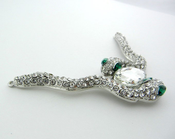 Set of Double Link Silver-tone Two Rhinestone Snakes Pendant Green Eyes