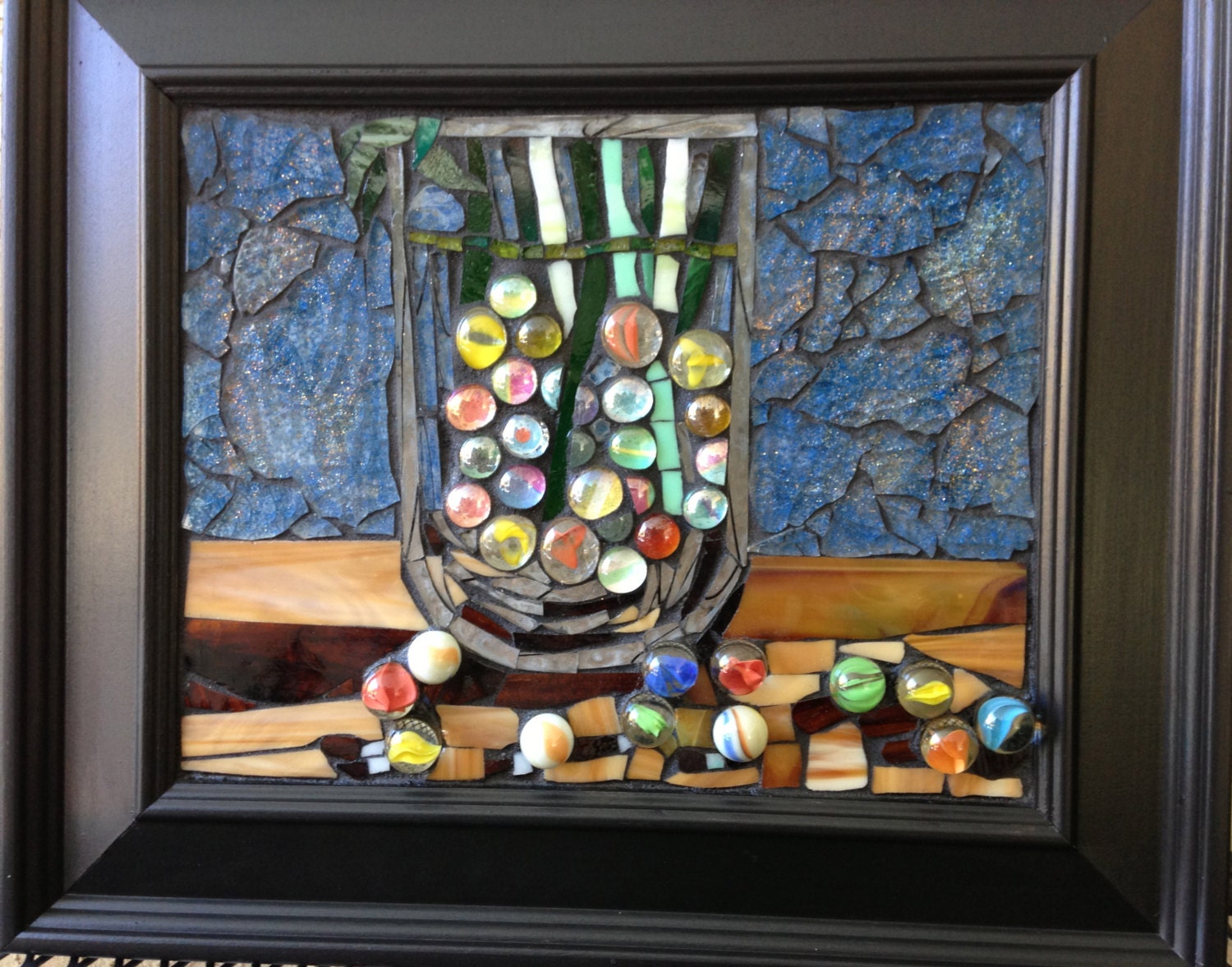 Stained Glass Framed Wall Decor Vase with Marbles Glass on