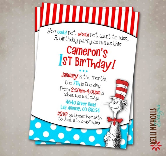 Cat in the Hat Birthday Party Invitation by KelliNichollsDesigns