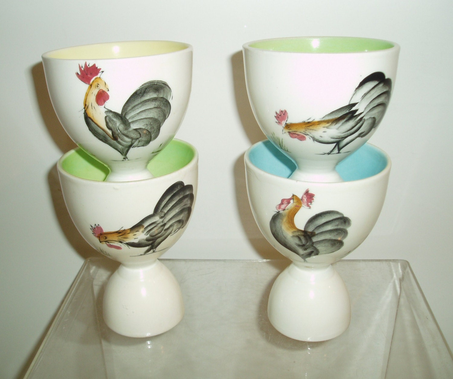 Retro Ceramic Double Egg Cup Egg Holder Rooster Set Of 4