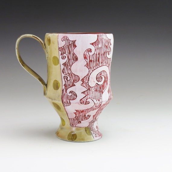 ceramic mug, hand decorated, one of a kind, pottery, tea or coffee, all handmade