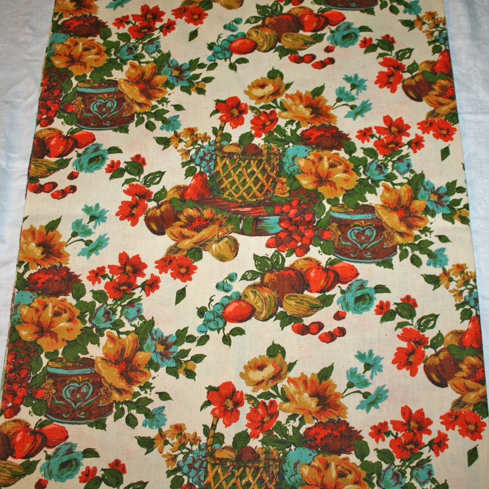 Vintage 1970s Drapery Upholstery Fabric Fruit Floral Gold