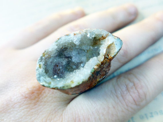 Druzy geode on chunky oxidized ring with coppery gold leaf. Look Closer.