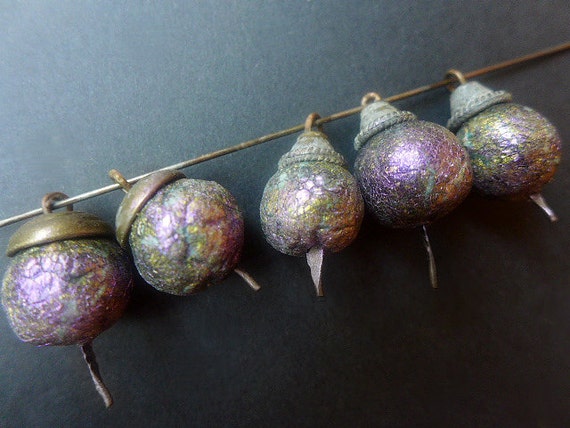 Dark crackle dangles. Polymer art bead drops on spear pins with gold leaf, lilac iridescence and caps.