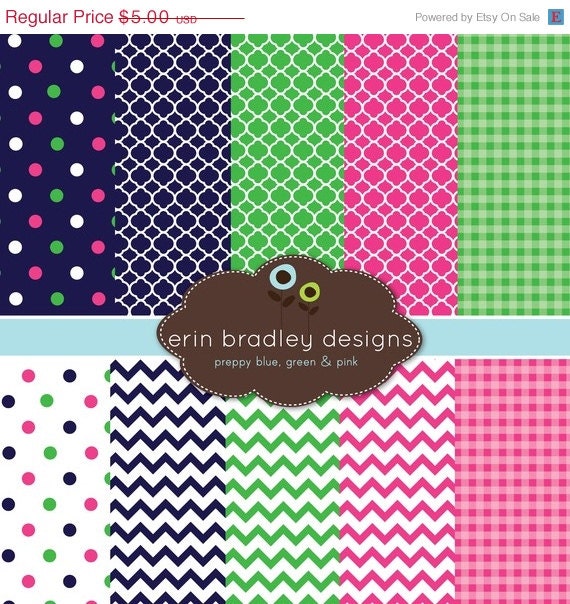 50% OFF SALE Digital Scrapbook Papers Personal and Commercial Use Preppy Navy Blue Pink and Green Il_570xn