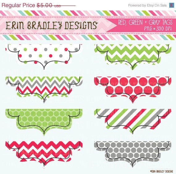 50% OFF SALE Holiday Red Green and Gray Half Tag Frames Clipart Personal & Commercial Use Clip Art Graphics INSTANT Download Il_570xn