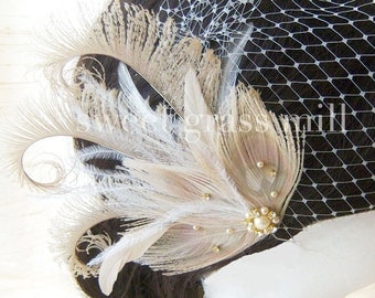 Fascinator & Veil Set - Bleached Beige Peacock Ostrich Feather "Champagne Soiree" Great Gatsby Headpiece and Birdcage Veil