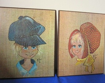 Vintage Pair of Blonde Haired Boy and Girl Big Eyed Kids Print om Heavy Pressed Board Pictures