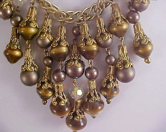 REDUCED~VICTORIAN Style ~ TIGERS Eye ~Simulated Brown Pearls~Crystal Festoon Necklace
