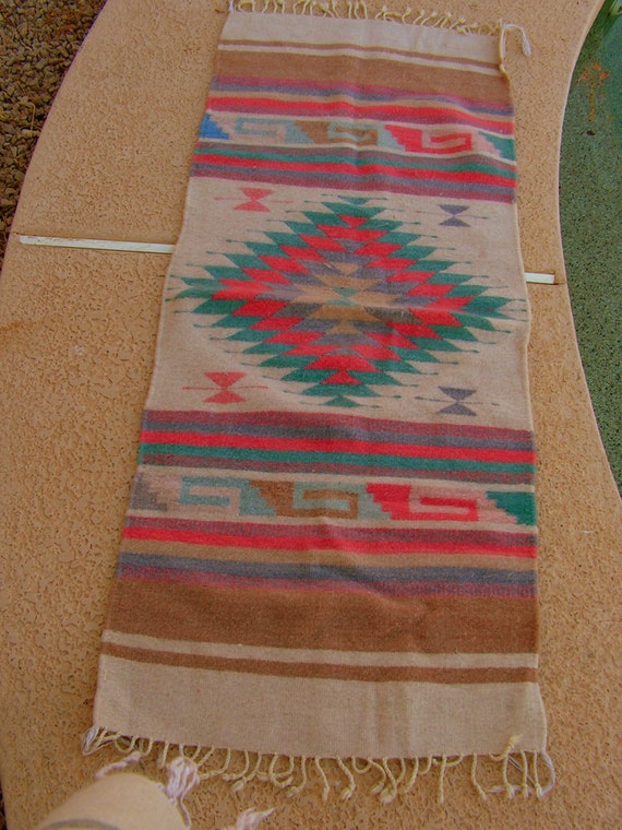 Vintage Zapotec Mexican Blanket Rug / Coral Teal Golden Brown