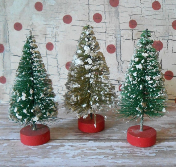 3 Vintage Bottle Brush Christmas Trees with Snow