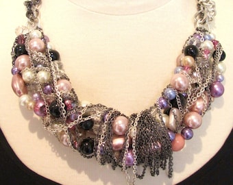 Statement necklace-chunky chain necklace- twisted chain- cluster necklace- pink purple silver black- Celebration Necklace