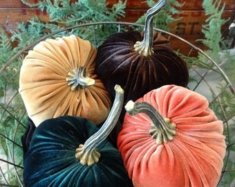 Scented Velvet Pumpkins, SET of 4: orange, mustard, dark green, rich brown