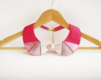 Leather Necklace Pink and Silver Peter Pan Detachable Collar Geometric Shapes Europeanstreetteam