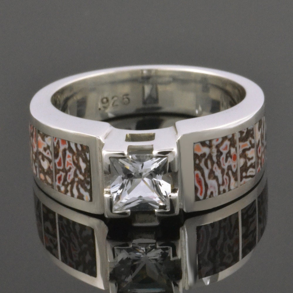 Dinosaur Bone Wedding or Engagement Ring with Princess White