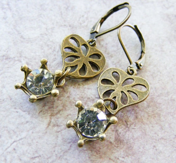 Crown Jewels and Cut Out Heart Dangle Earrings by meiguidesigns