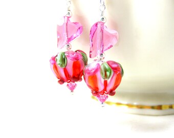 Pink Rose Bud Earrings, Heart & Flower Earrings, Nature Earrings, Floral Jewelry, Lampwork Earrings, Crystal Heart Earrings Gift for Gardner