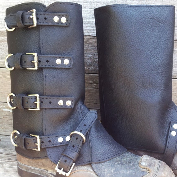 Swiss Military Style Gaiters or Spats in Black Leather w