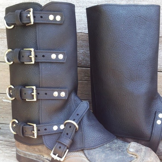 Swiss Military Style Gaiters or Spats in Black Leather w