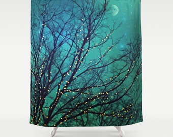 Aqua Shower Curtain "Magical Night" clouds,lights,stars,sky, night, trees,turquoise,blue, teal, bathroom, home decor,twinkle,nature