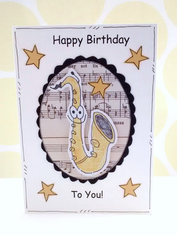 Birthday Card Saxophone Personalised by CraftyMushroomCards