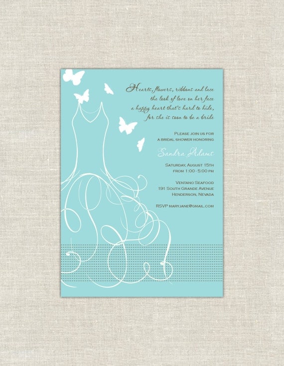 Tiiffany Bridal Shower Invitation Whimsical Wedding Gown Flourish Elegant Dress Butterflies Pearls Cinderella Princess Il_570xn