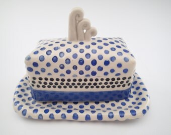 Handmade Butter Dish - Lidded Butter dish - Blue Polka Dots - Butter Dish - Butter Plate - Ceramic Butter Dish - Covered Butter Dish
