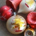 6 vintage christmas ornaments, mercury glass, old glass ornaments, holiday decorating, red bell, christmas tee, red and gold, antique, 1950