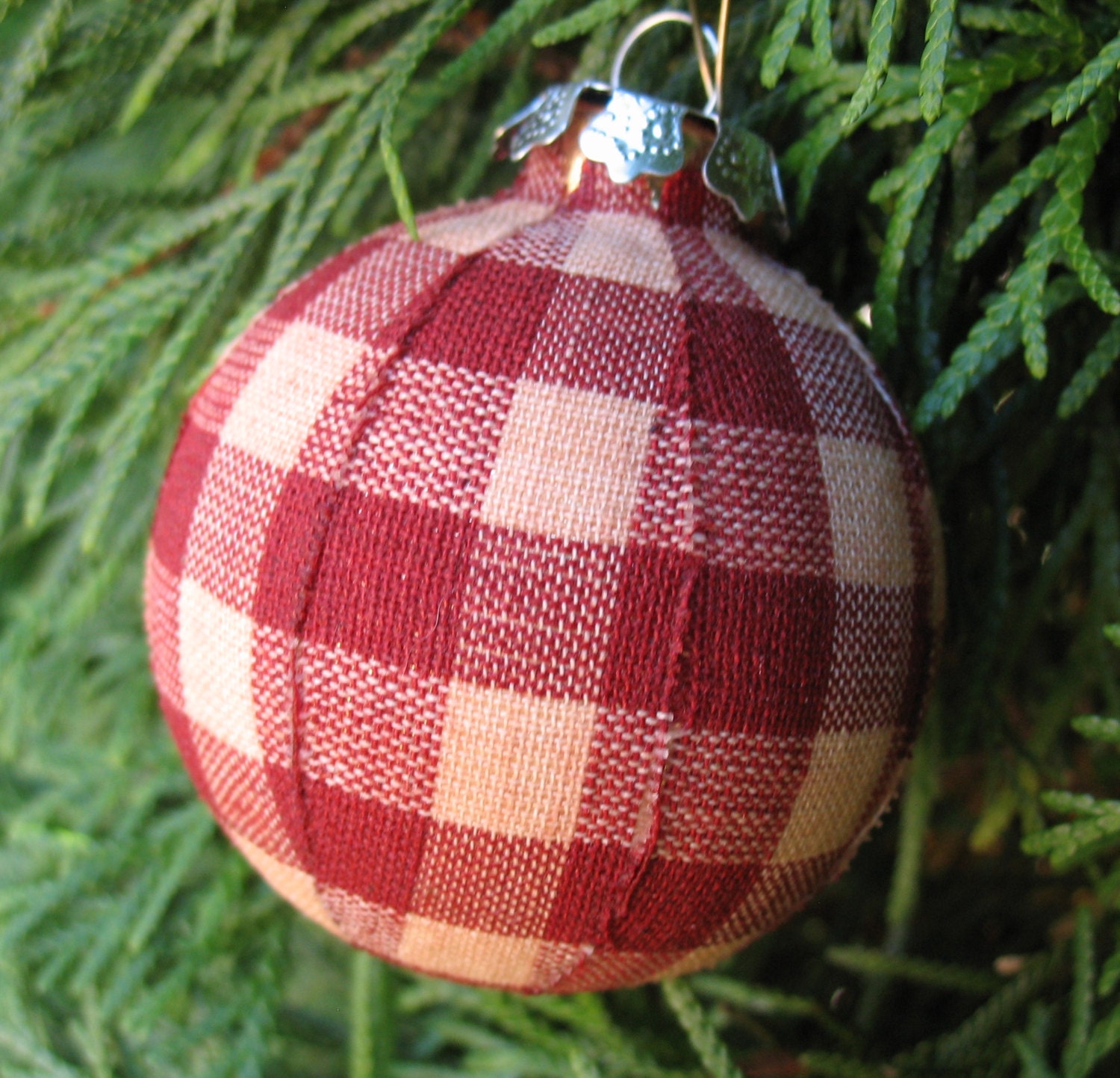 Red Plaid Fabric Wrapped Christmas Ornament Handcrafted OOAK